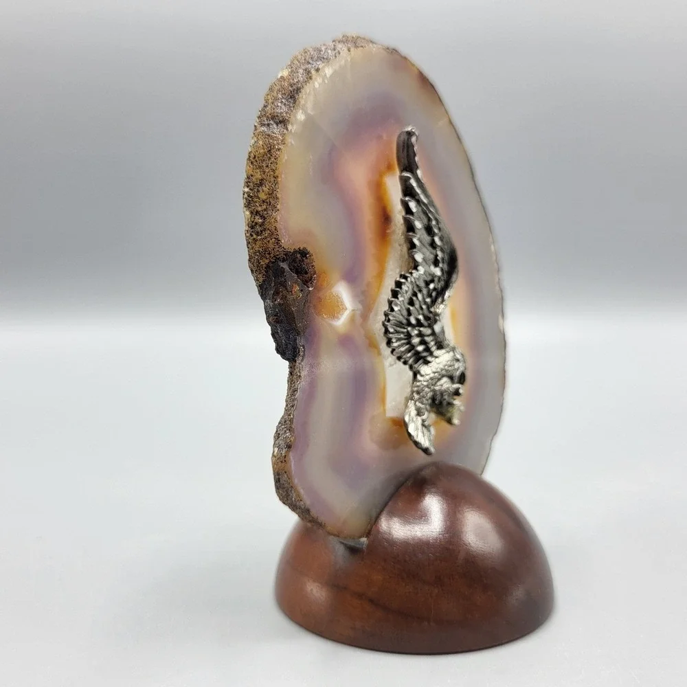 Agate Geode Metal Eagle Figurine Brazilian Stone Wood Base Brown Shelf Decor